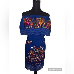 Mexican Off-Shoulder Blue Dress with Floral Embroidery Tie in back SZ LG